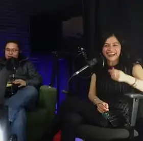 Off Leash Time podcast guest laughing in the studio
